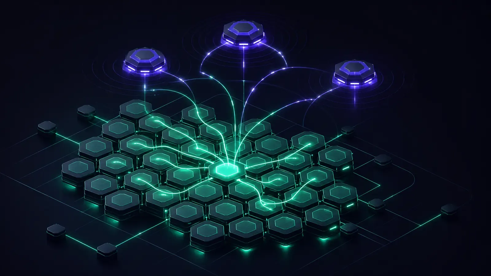Malla isométrica de pods de contenedores hexagonales con nodos de control flotantes y rutas luminosas que convergen en un pod central