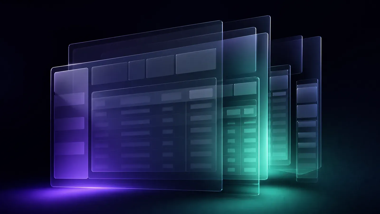 Interfaces de dashboard translúcidas y superpuestas que se readaptan a anchos de escritorio y móvil en violeta y verde azulado