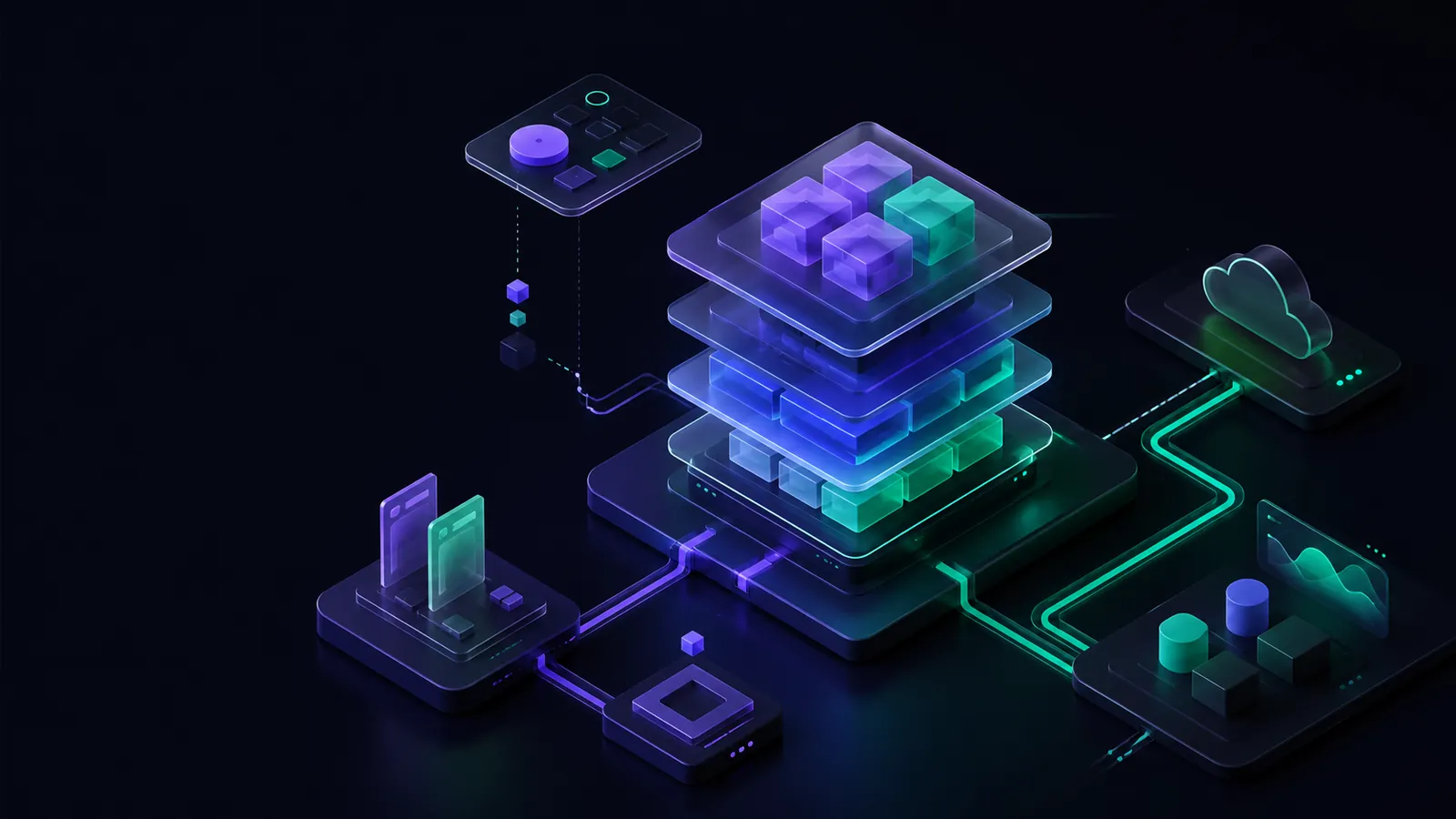 Diagrama isométrico de una arquitectura en la nube con contenedores, servicios y flujos de datos